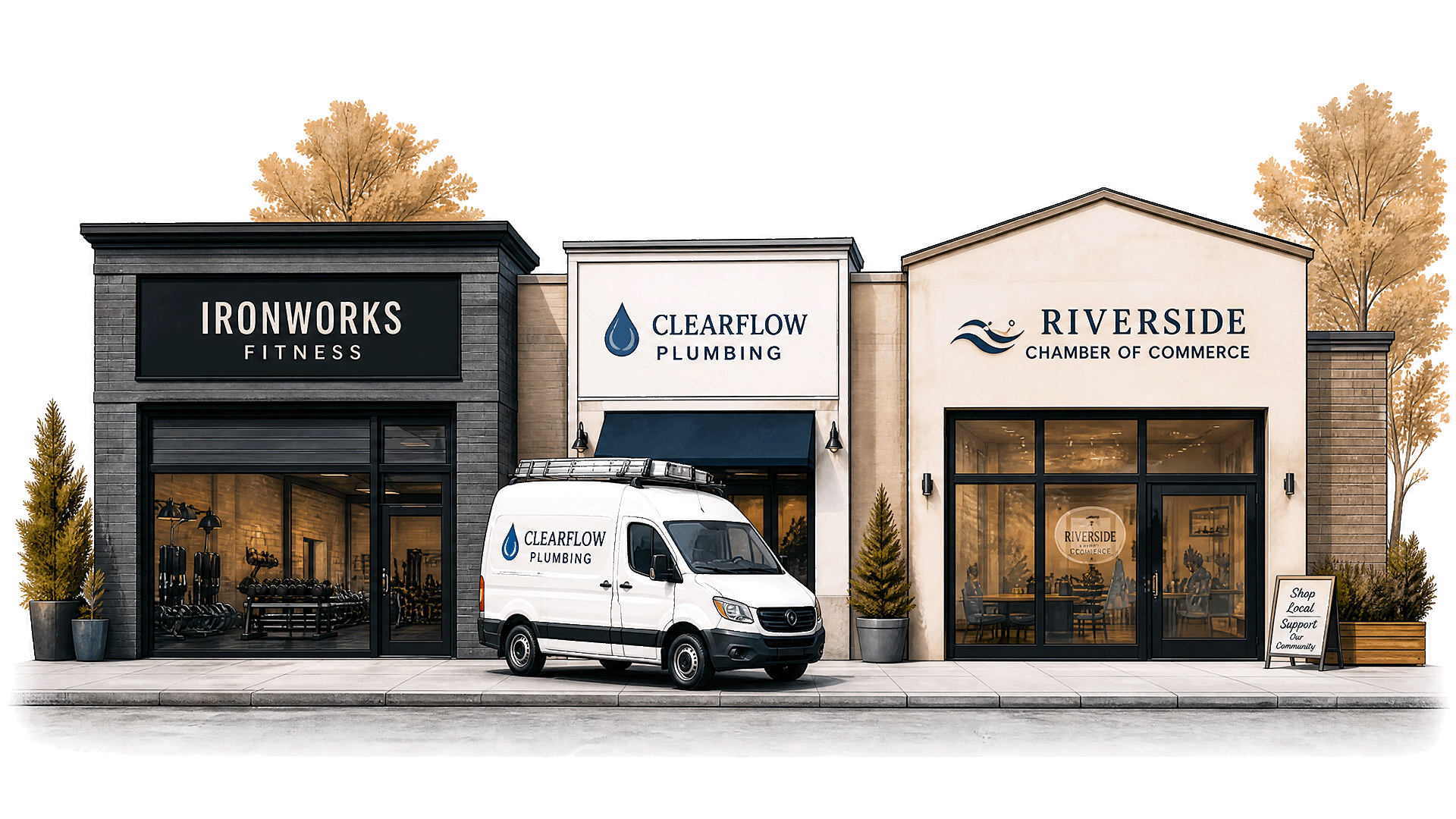 Illustration of a fitness studio, plumbing van, and chamber of commerce storefronts.